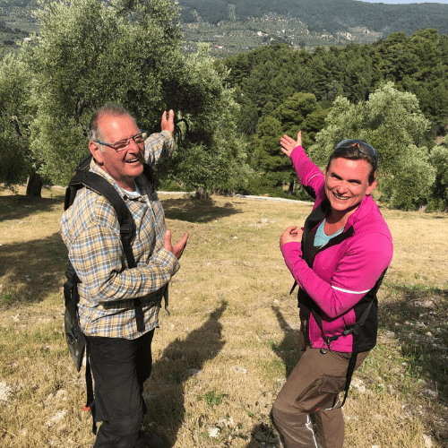 Zwei Männer im Olivenhain feiern italienische Olivenernte