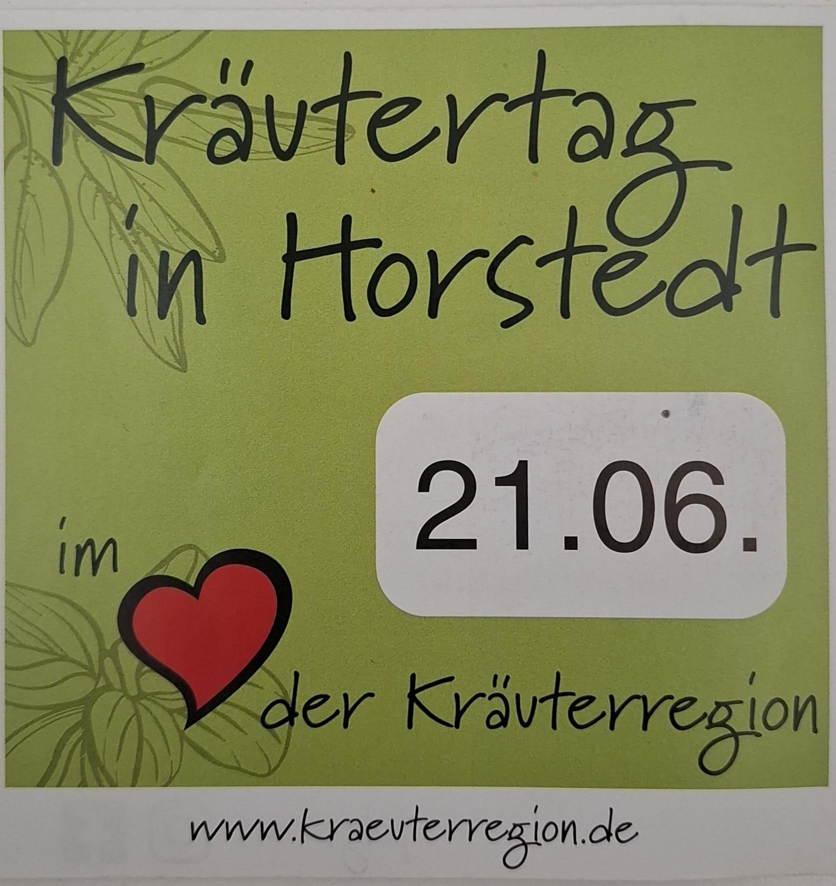 Poster announcing Kräutertag in Horstedt on 21.06 with a red heart motif and Kräuterregion branding on a lime-green background.