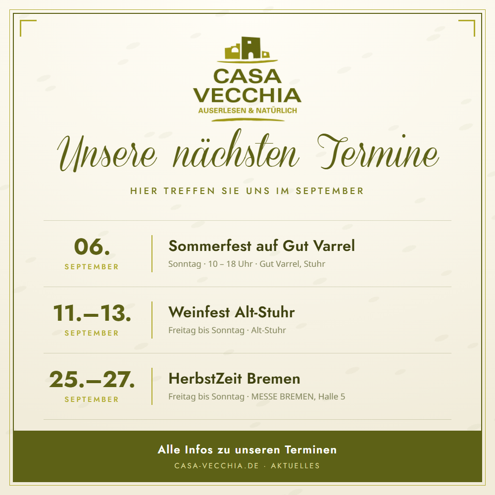 Casa Vecchia logo and headline 'Unsere nächsten Termine' with a list of three events: Sept 6 Sommerfest auf Gut Varrel, Sept 11–13 Weinfest Alt-Stuhr, Sept 25–27 HerbstZeit Bremen; footer inviting more info.